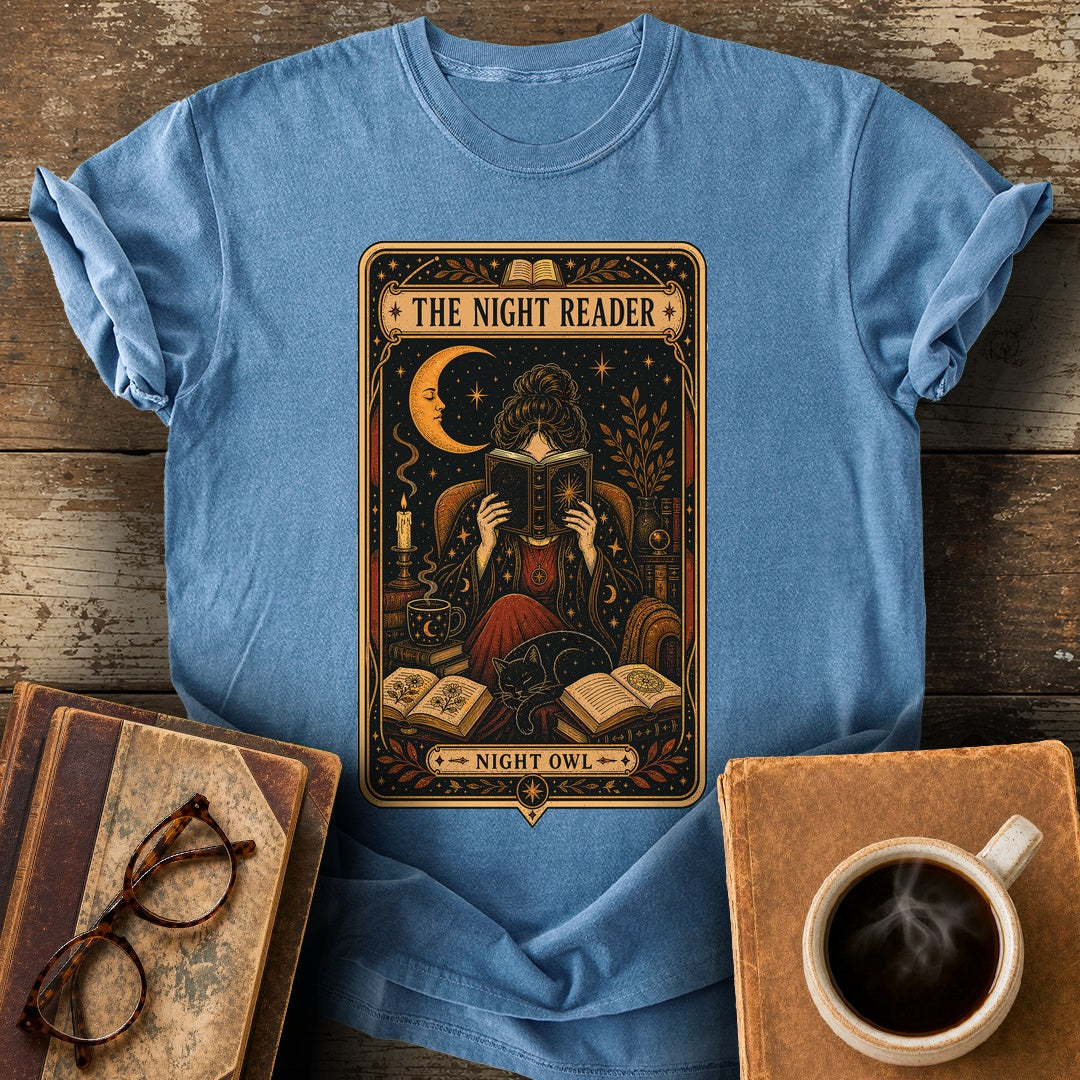 The Night Reader Night Owl Tee - blue jean shirt mockup